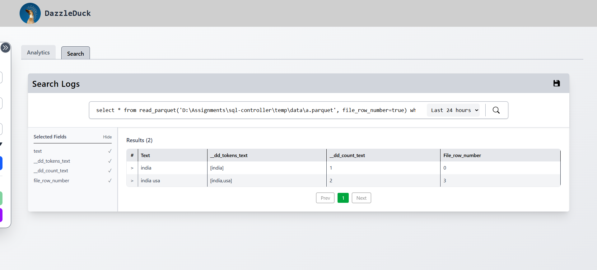 Arrow JS UI Search Tab, data display in table